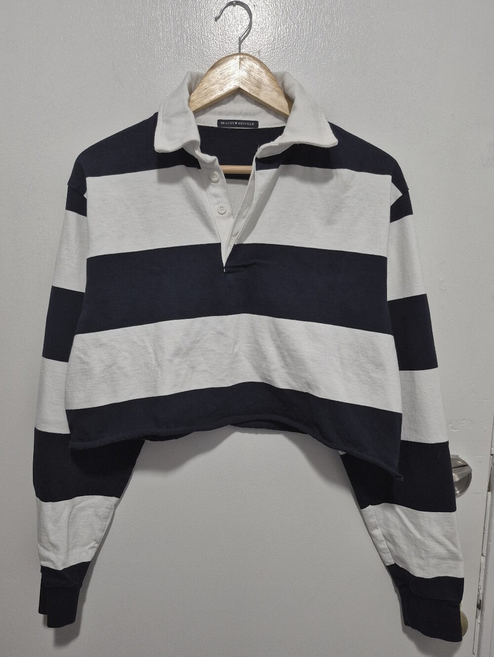 Brandy Melville Striped Rugby Boxy Crop Top 100% Cotton Navy & White